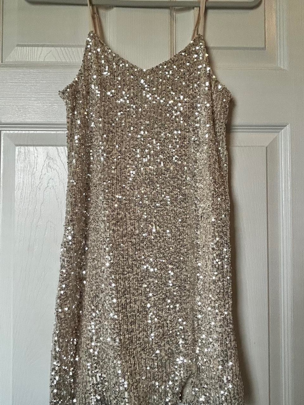 Champagne Sequin Spaghetti-Strap Dress